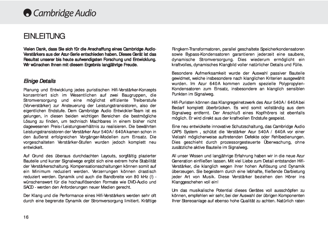 Cambridge Audio 540A user manual Einleitung, Einige Details 