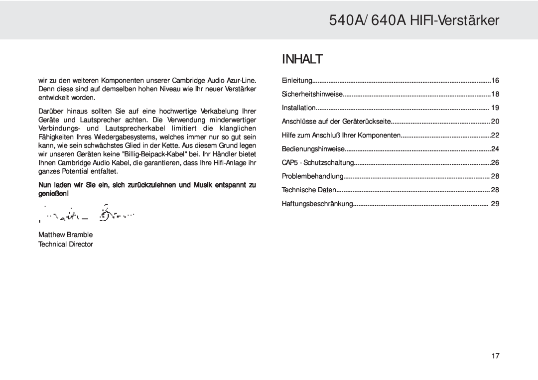 Cambridge Audio user manual 540A/640A HIFI-Verstärker, Inhalt 