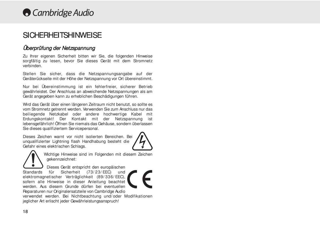 Cambridge Audio 540A user manual Sicherheitshinweise, Überprüfung der Netzspannung 