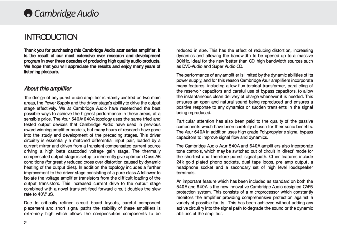 Cambridge Audio 540A user manual Introduction, About this amplifier 