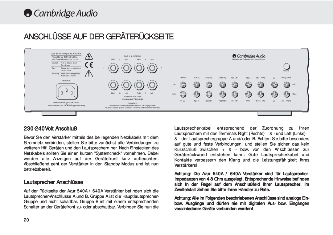 Cambridge Audio 540A user manual Anschlüsse Auf Der Geräterückseite, 230-240Volt Anschluß, Lautsprecher Anschlüsse 