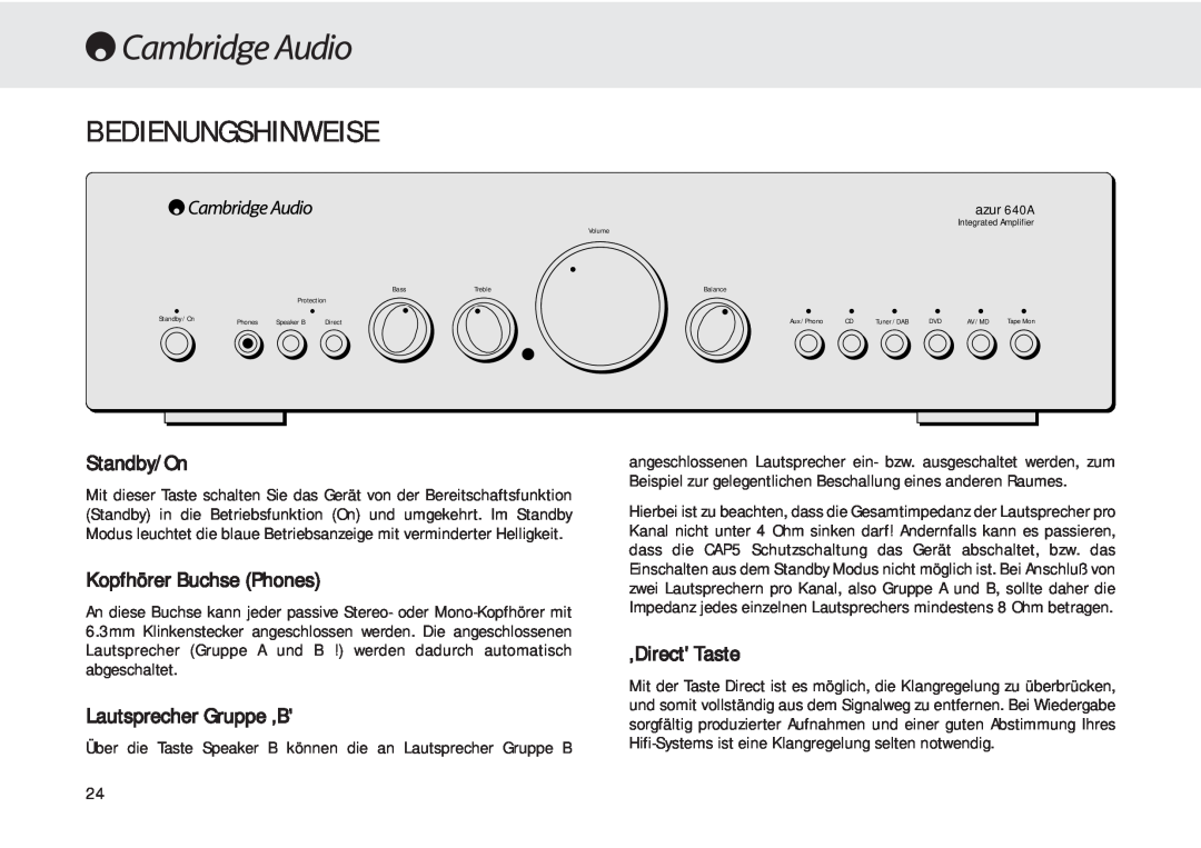 Cambridge Audio 540A Bedienungshinweise, Standby/On, Kopfhörer Buchse Phones, Lautsprecher Gruppe ‚B, ‚Direct Taste 