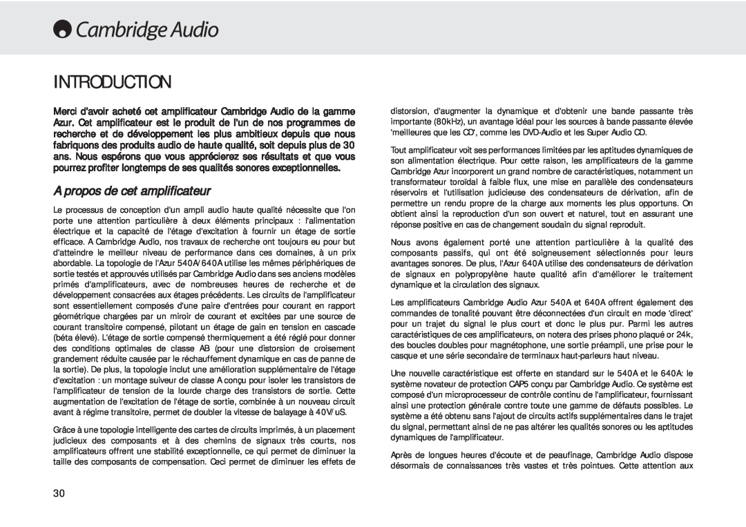 Cambridge Audio 540A user manual Introduction, A propos de cet amplificateur 
