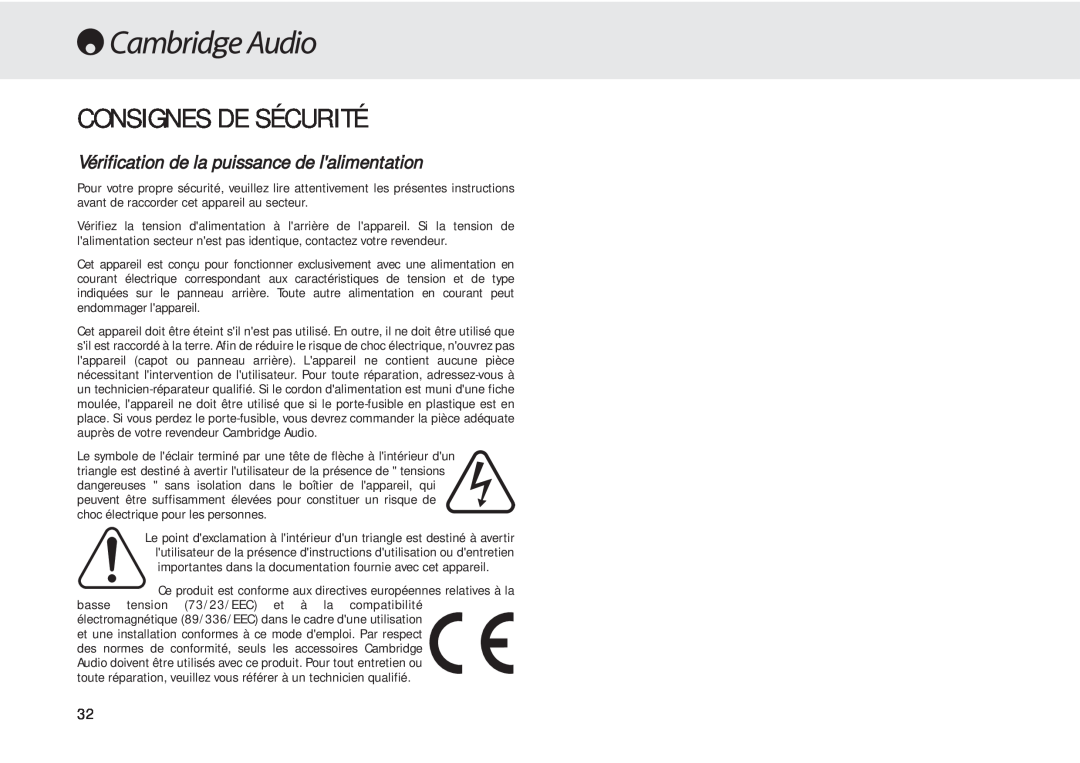 Cambridge Audio 540A user manual Consignes De Sécurité, Vérification de la puissance de lalimentation 