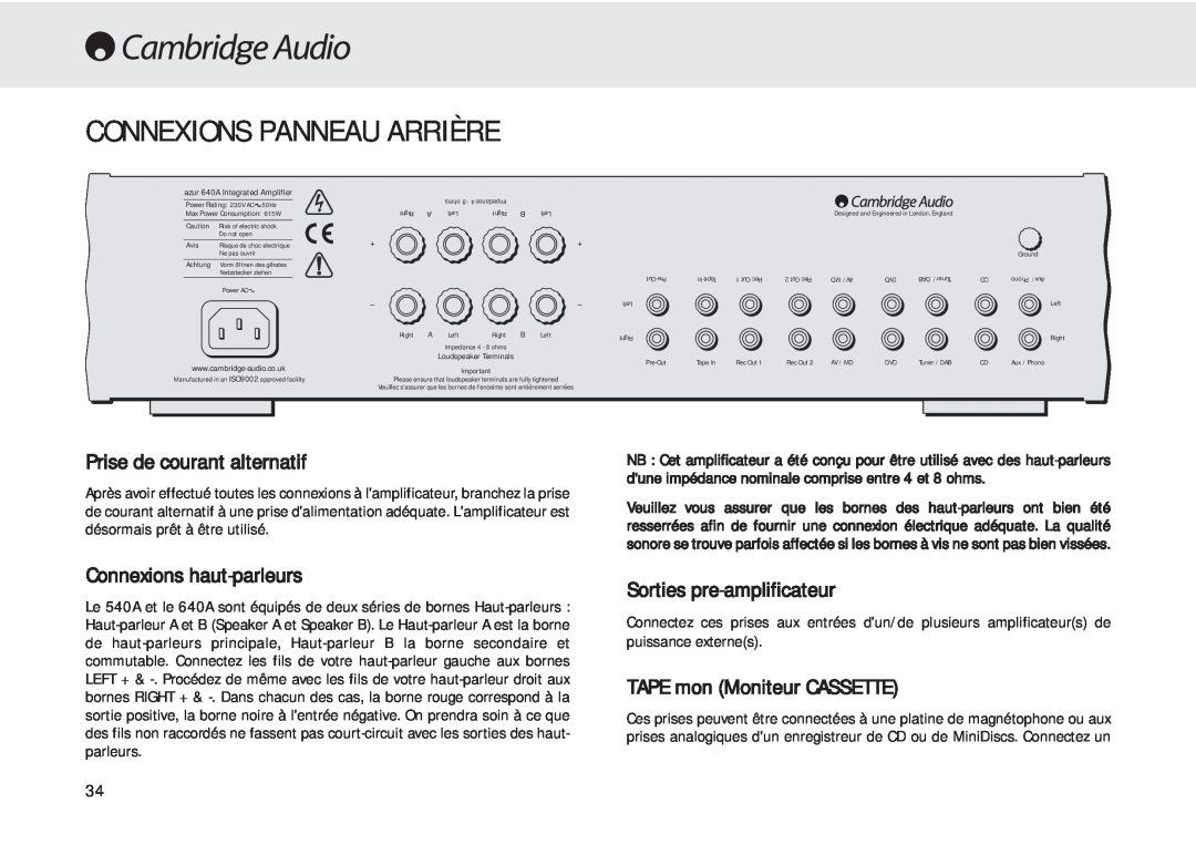 Cambridge Audio 540A user manual Connexions Panneau Arrière, Prise de courant alternatif, Connexions haut-parleurs 