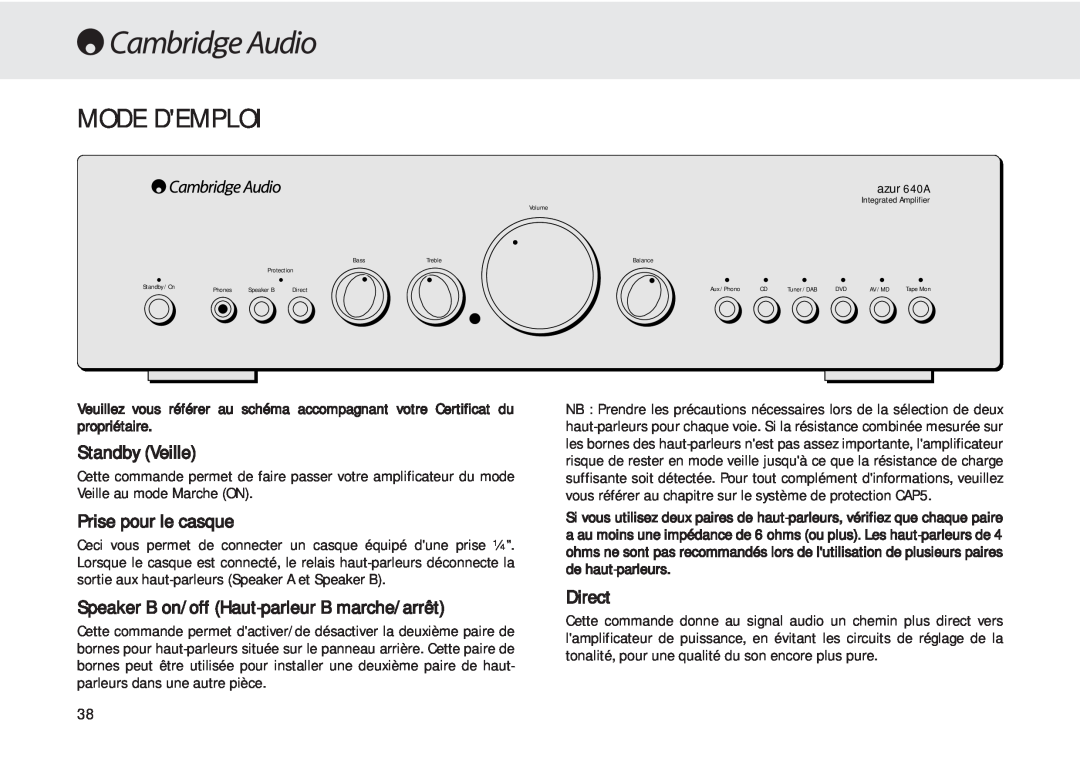 Cambridge Audio 540A Mode Demploi, Standby Veille, Prise pour le casque, Speaker B on/off Haut-parleur B marche/arrêt 