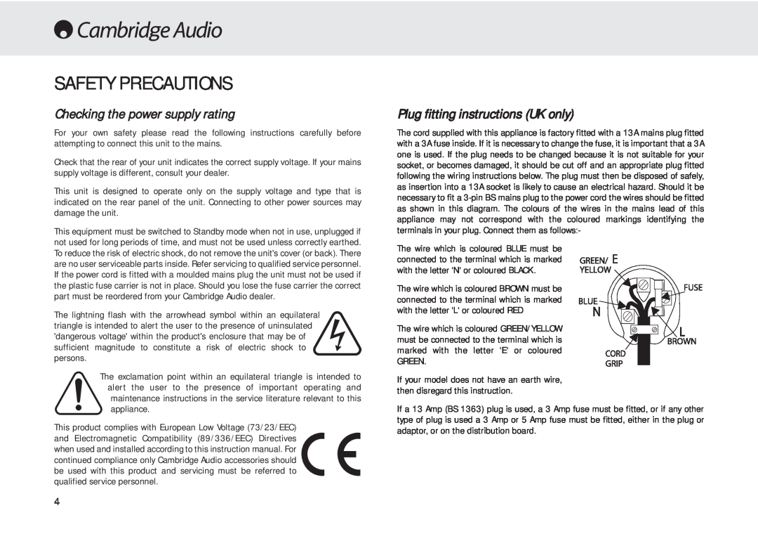 Cambridge Audio 540A user manual Safety Precautions, Checking the power supply rating, Plug fitting instructions UK only 