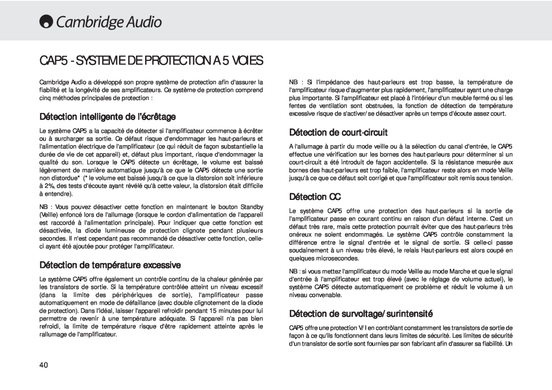 Cambridge Audio 540A user manual CAP5 - SYSTEME DE PROTECTION A 5 VOIES, Détection intelligente de lécrêtage, Détection CC 