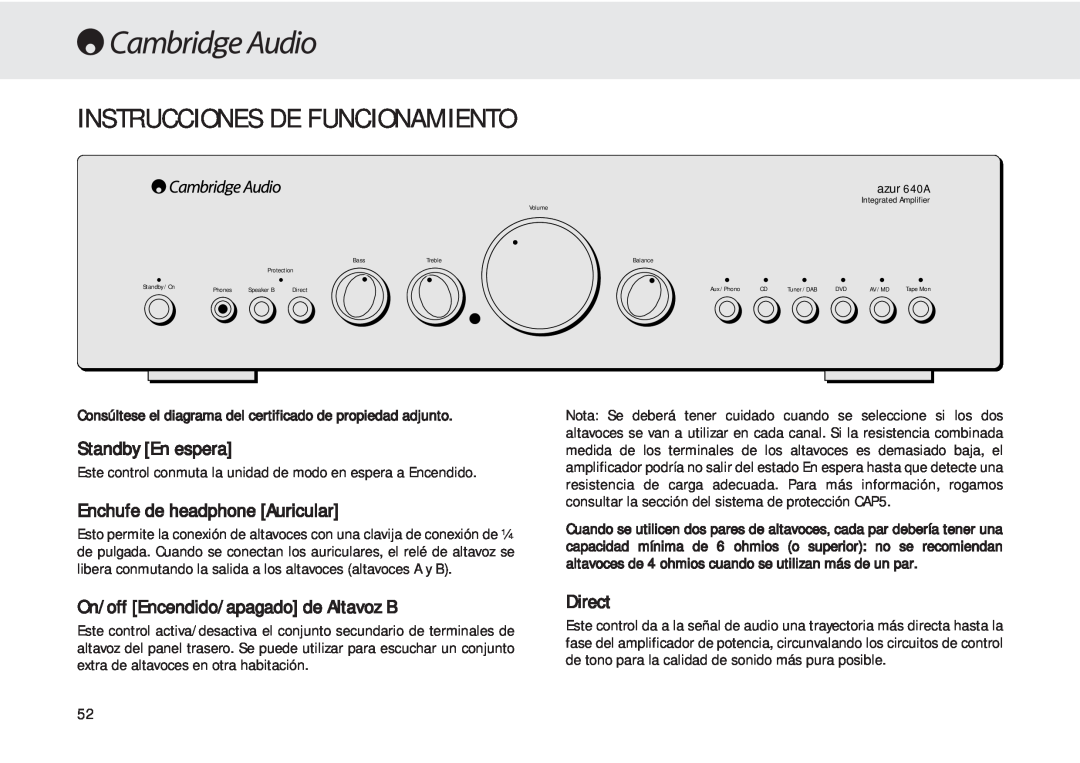 Cambridge Audio 540A user manual Instrucciones De Funcionamiento, Standby En espera, Enchufe de headphone Auricular, Direct 