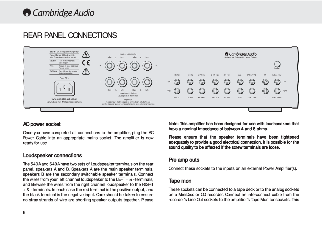 Cambridge Audio 540A user manual Rear Panel Connections, AC power socket, Loudspeaker connections, Pre amp outs, Tape mon 