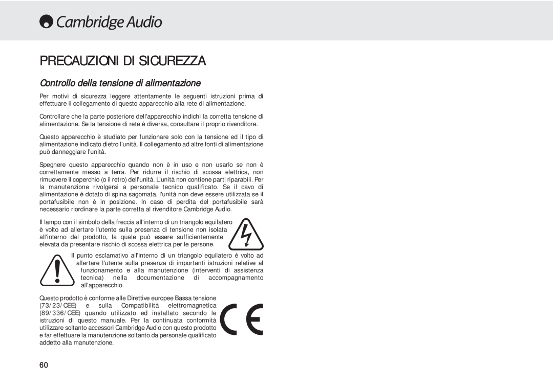 Cambridge Audio 540A user manual Precauzioni Di Sicurezza, Controllo della tensione di alimentazione 