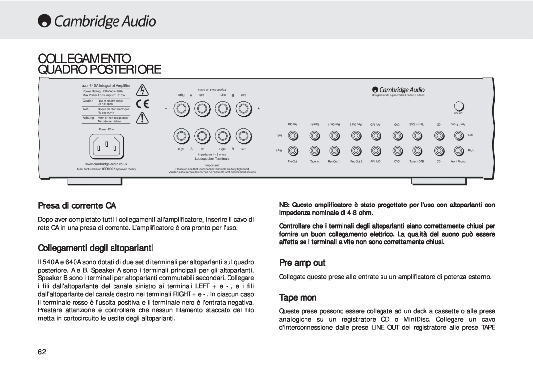 Cambridge Audio 540A Collegamento Quadro Posteriore, Presa di corrente CA, Collegamenti degli altoparlanti, Pre amp out 