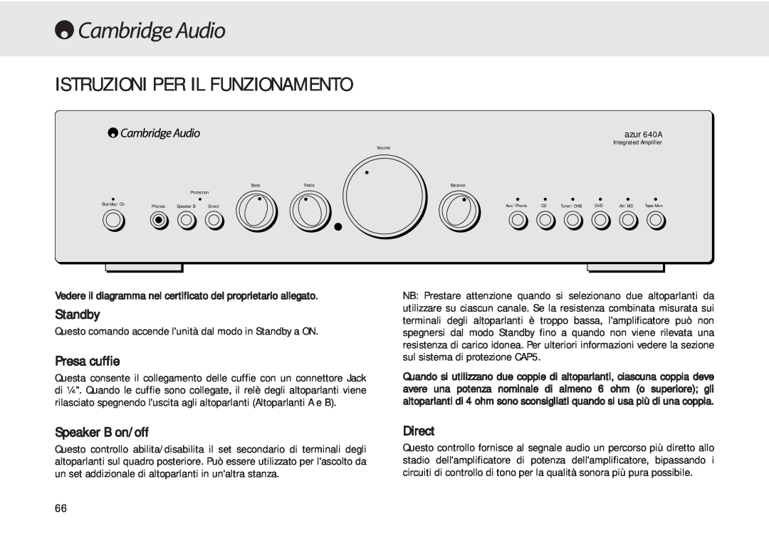 Cambridge Audio 540A user manual Istruzioni Per Il Funzionamento, Standby, Presa cuffie, Speaker B on/off, Direct 