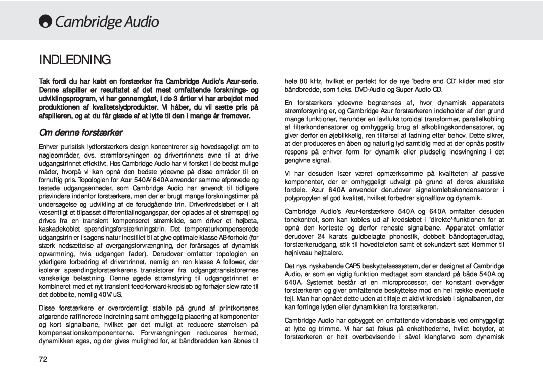 Cambridge Audio 540A user manual Indledning, Om denne forstærker 