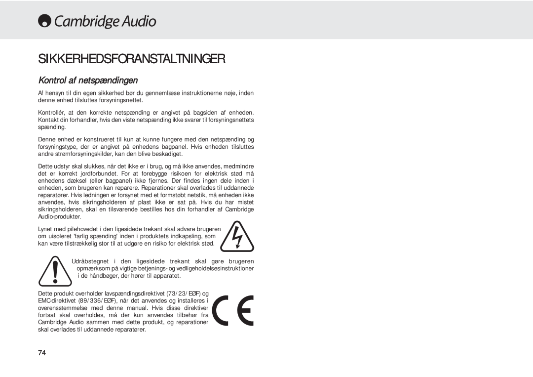 Cambridge Audio 540A user manual Sikkerhedsforanstaltninger, Kontrol af netspændingen 
