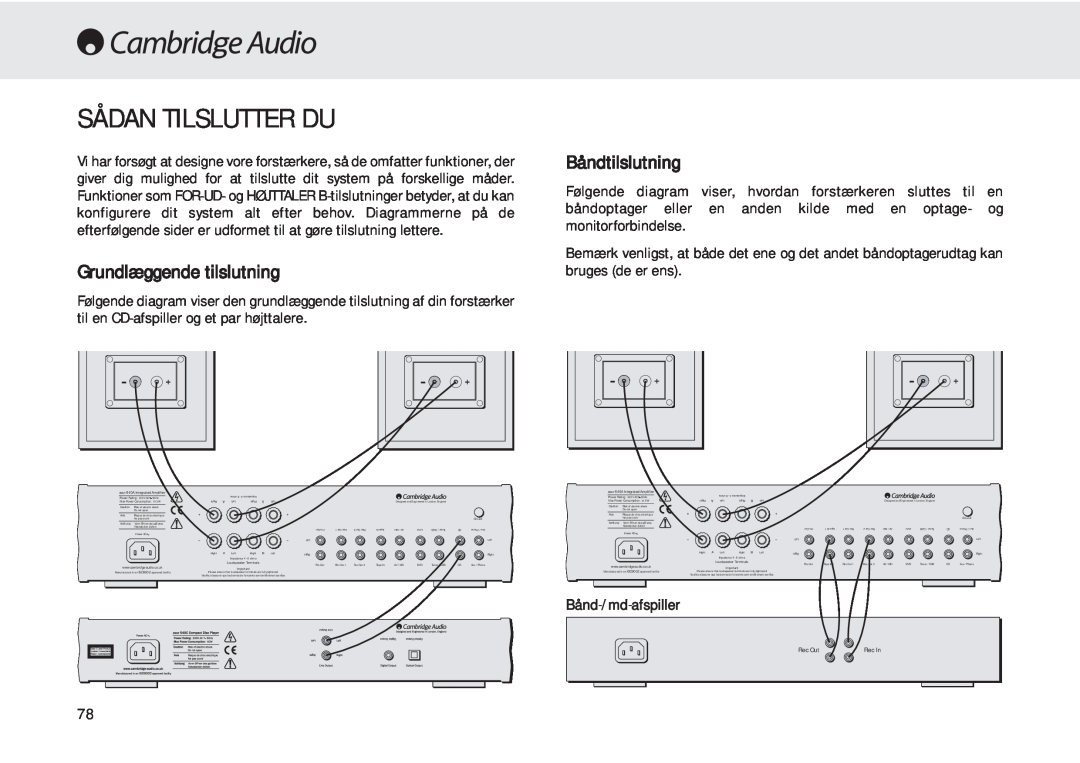 Cambridge Audio 540A user manual Sådan Tilslutter Du, Grundlæggende tilslutning, Båndtilslutning, Bånd-/md-afspiller 