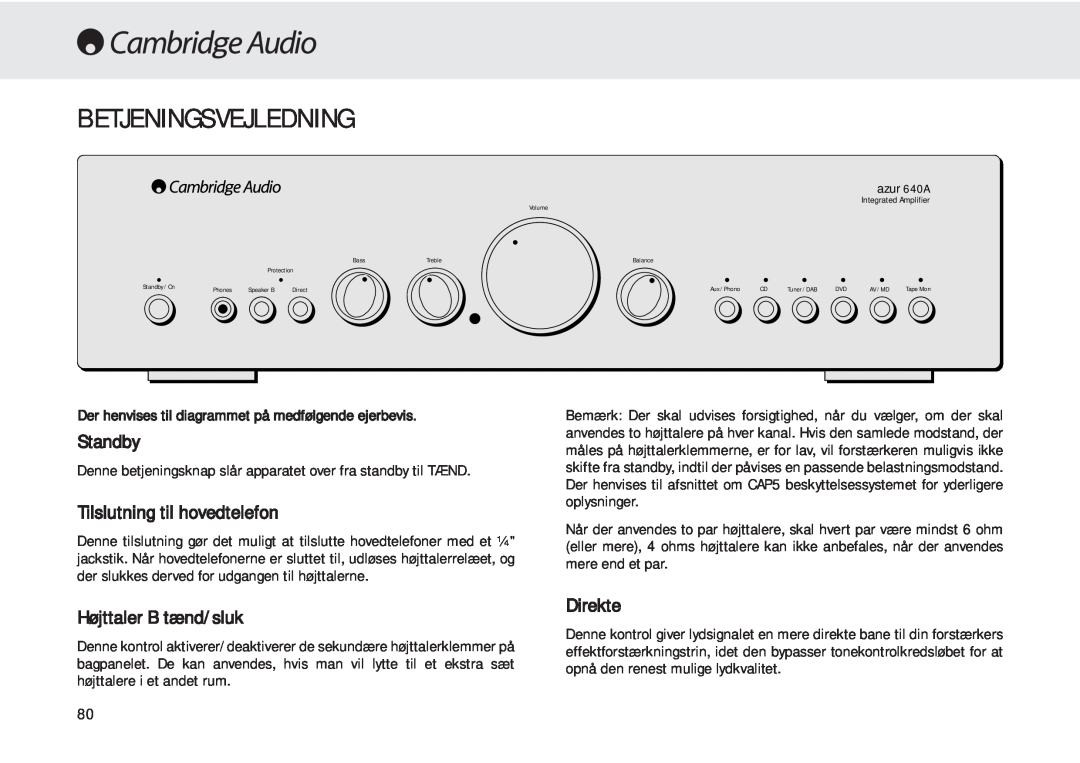 Cambridge Audio 540A Betjeningsvejledning, Standby, Tilslutning til hovedtelefon, Højttaler B tænd/sluk, Direkte 
