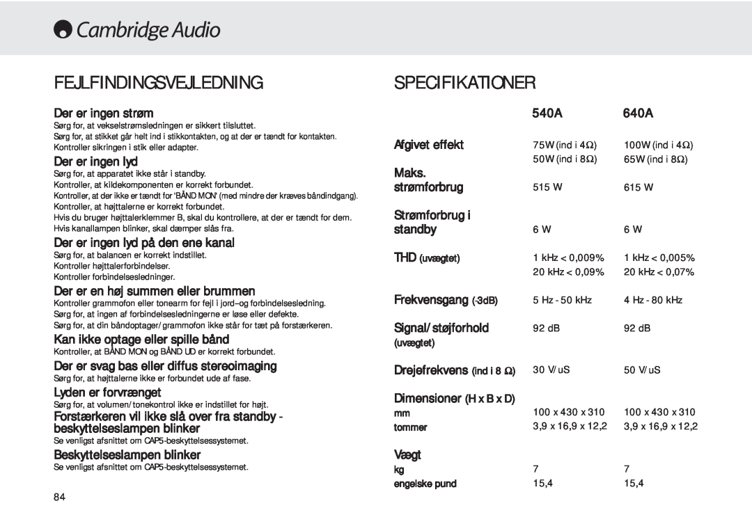Cambridge Audio 540A Fejlfindingsvejledning, Specifikationer, Der er ingen strøm, Der er ingen lyd, Lyden er forvrænget 