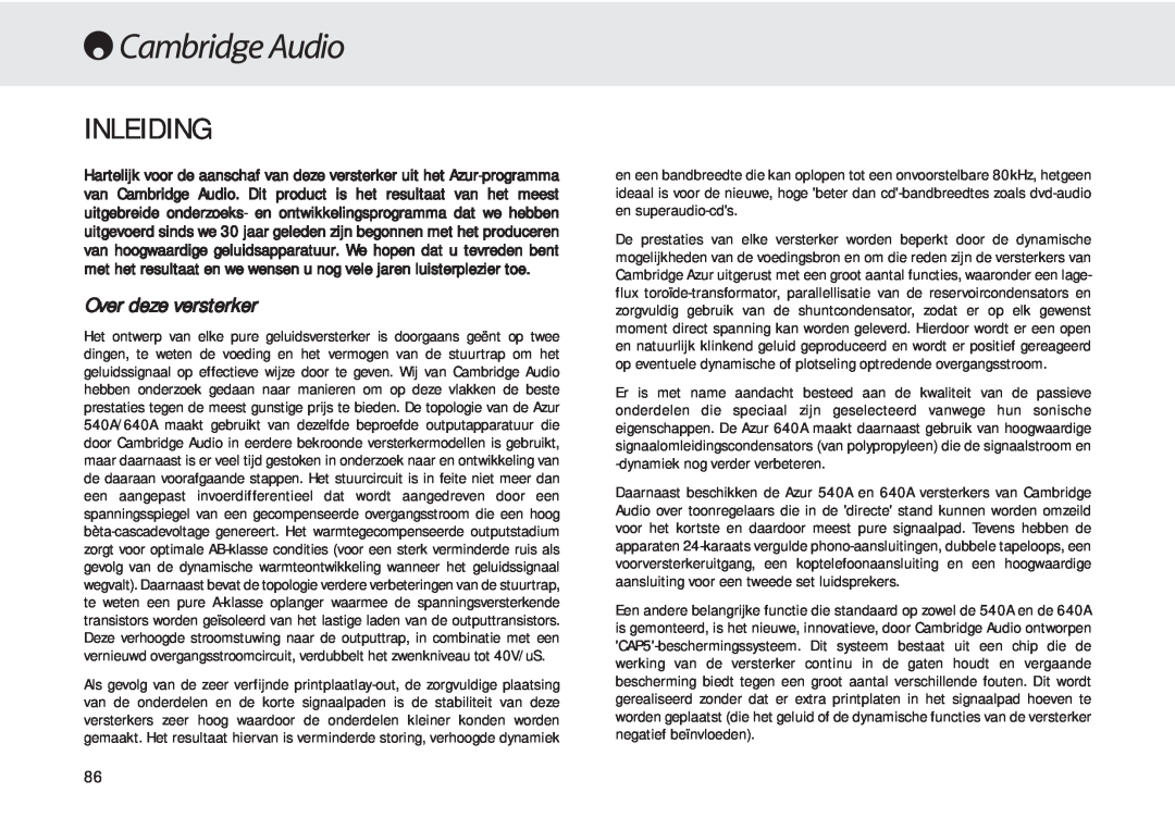 Cambridge Audio 540A user manual Inleiding, Over deze versterker 