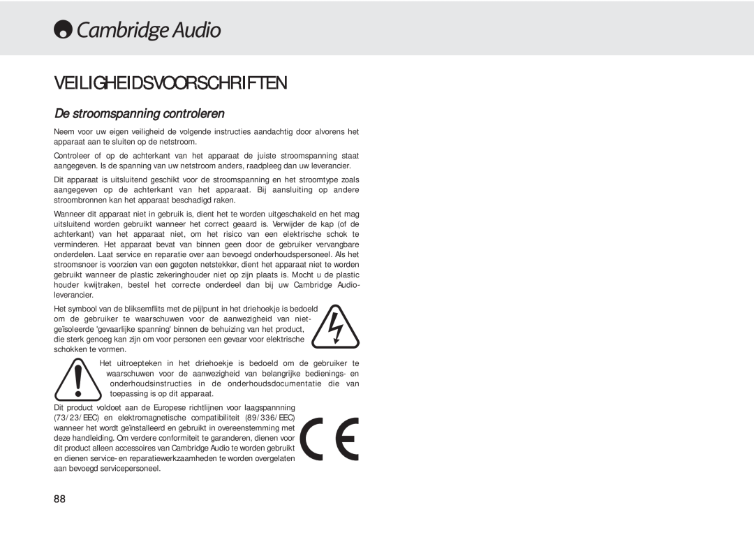 Cambridge Audio 540A user manual Veiligheidsvoorschriften, De stroomspanning controleren 