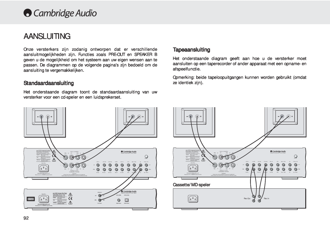 Cambridge Audio 540A user manual Aansluiting, Standaardaansluiting, Tapeaansluiting, Cassette/MD-speler 