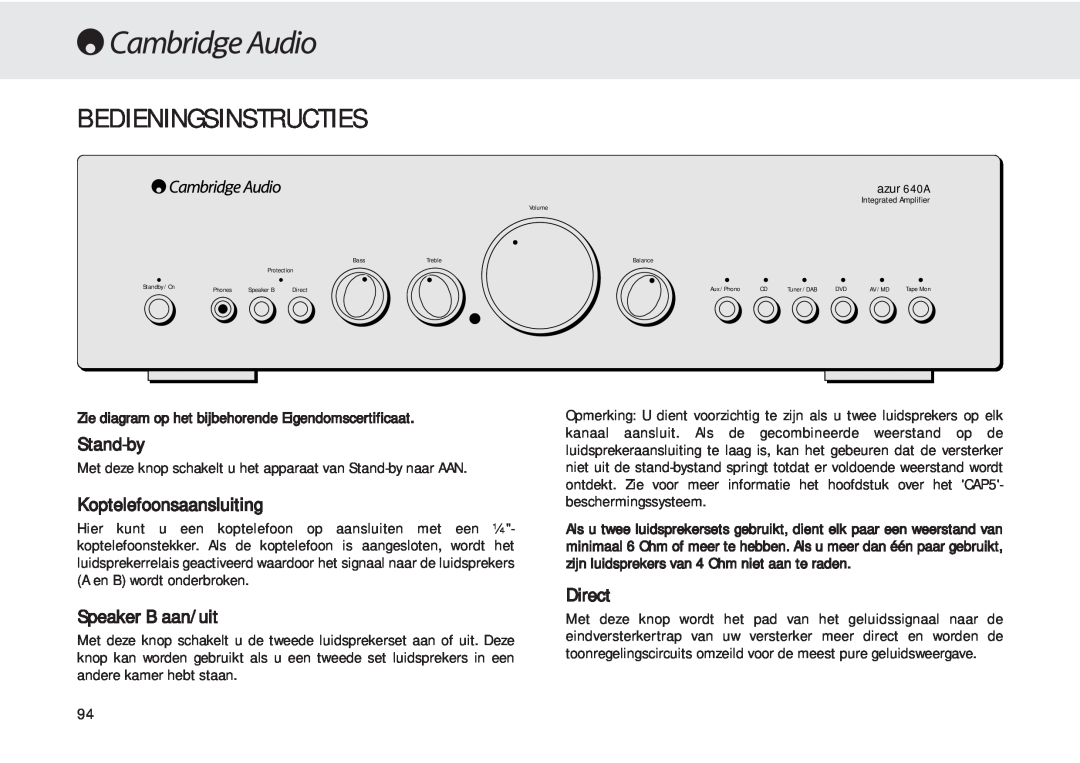 Cambridge Audio 540A user manual Bedieningsinstructies, Stand-by, Koptelefoonsaansluiting, Speaker B aan/uit, Direct 