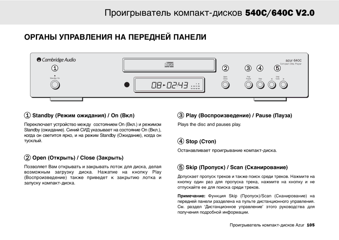 Cambridge Audio 640C V2.0, 540C user manual Органы Управления НА Передней Панели, Standby Режим ожидания / On Вкл 