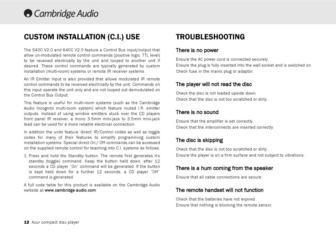 Cambridge Audio 540C, 640C V2.0 user manual Custom Installation C.I. USE, Troubleshooting 