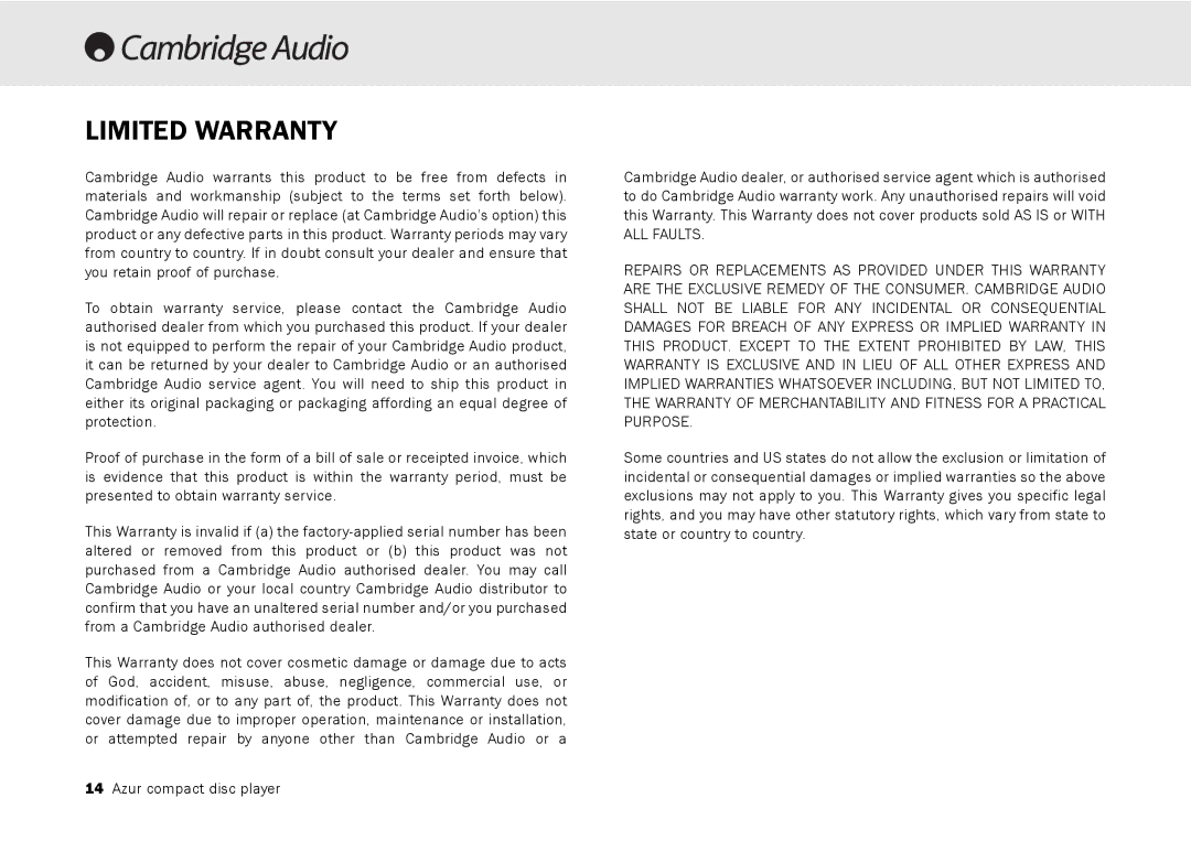 Cambridge Audio 540C, 640C V2.0 user manual Limited Warranty 