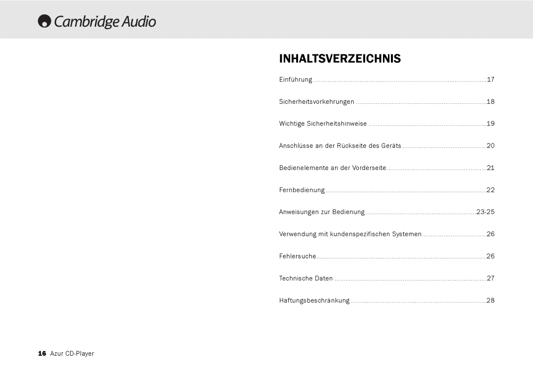 Cambridge Audio 540C, 640C V2.0 user manual Inhaltsverzeichnis, 23-25 