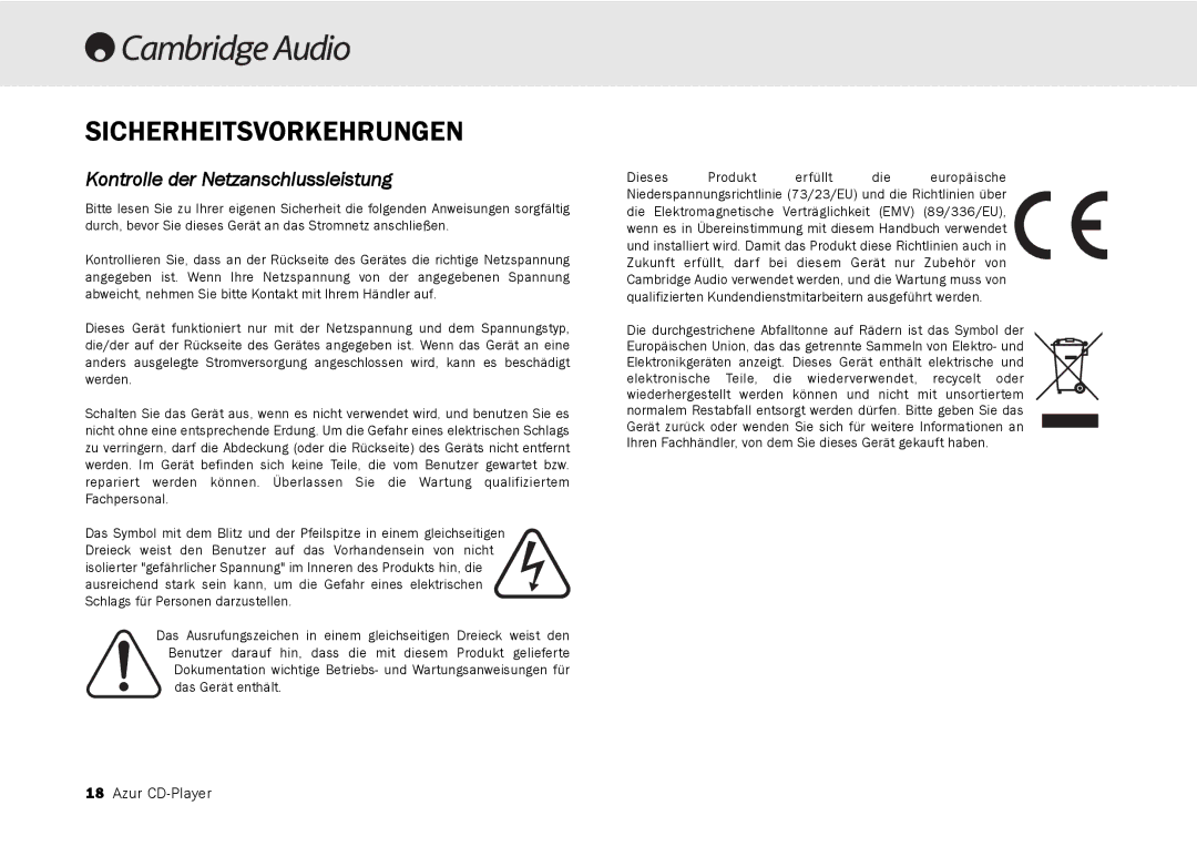 Cambridge Audio 540C, 640C V2.0 user manual Sicherheitsvorkehrungen, Kontrolle der Netzanschlussleistung 