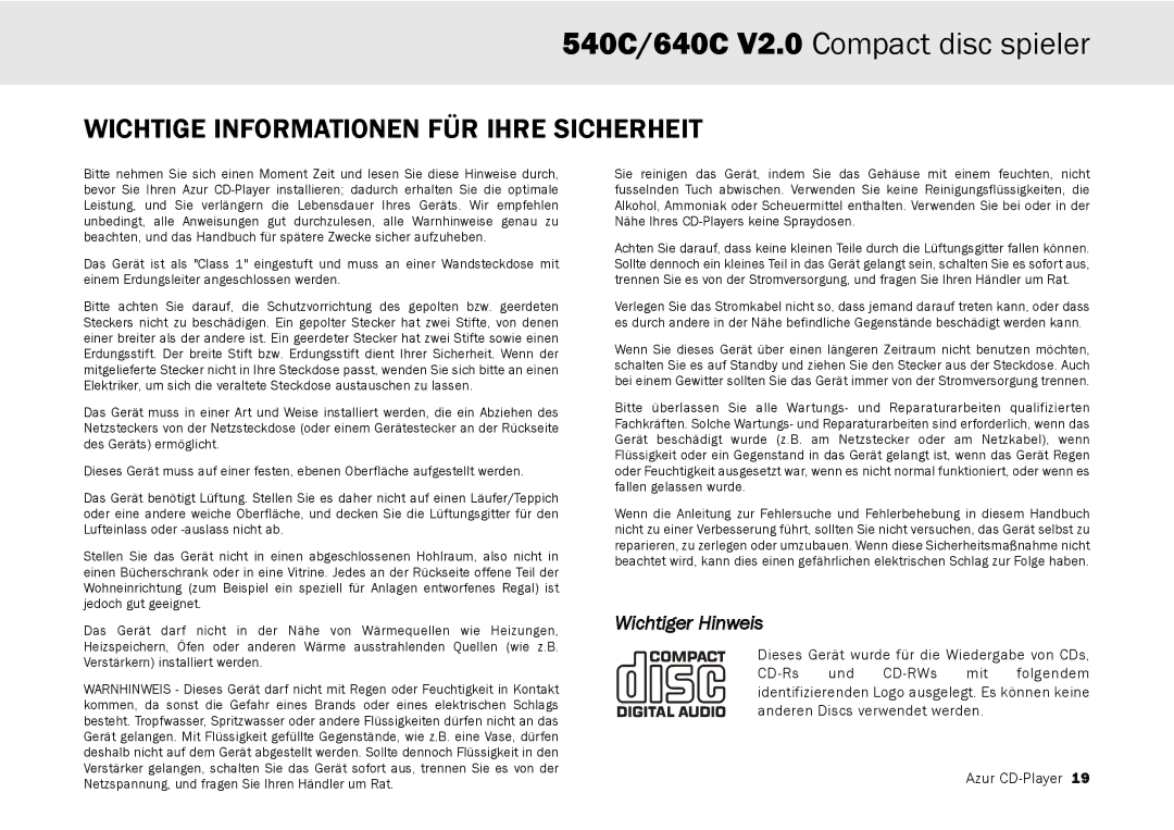 Cambridge Audio 640C V2.0, 540C user manual Wichtige Informationen FÜR Ihre Sicherheit, Wichtiger Hinweis 