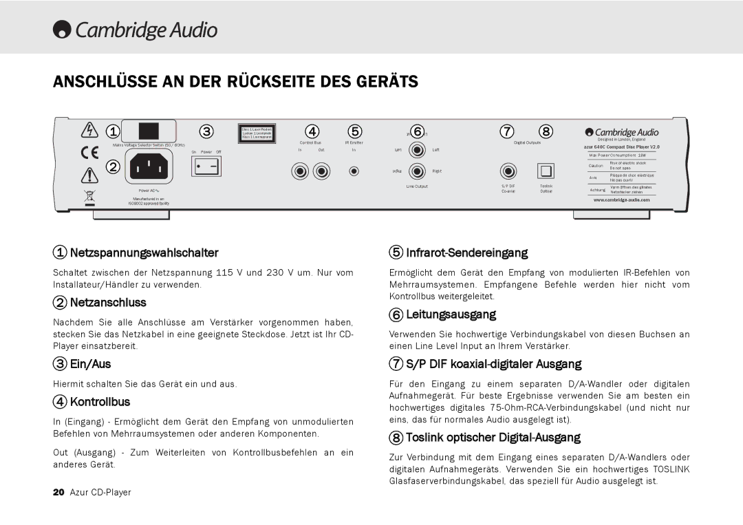 Cambridge Audio 540C, 640C V2.0 user manual Anschlüsse AN DER Rückseite DES Geräts 