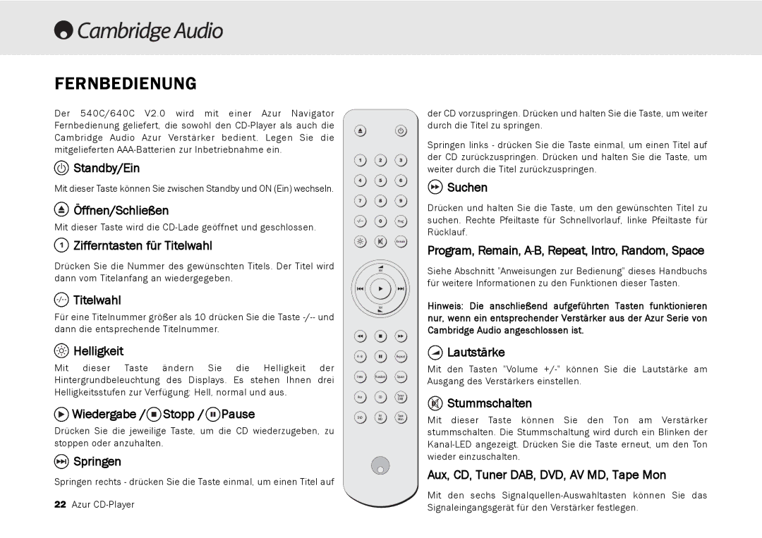 Cambridge Audio 540C, 640C V2.0 user manual Fernbedienung 