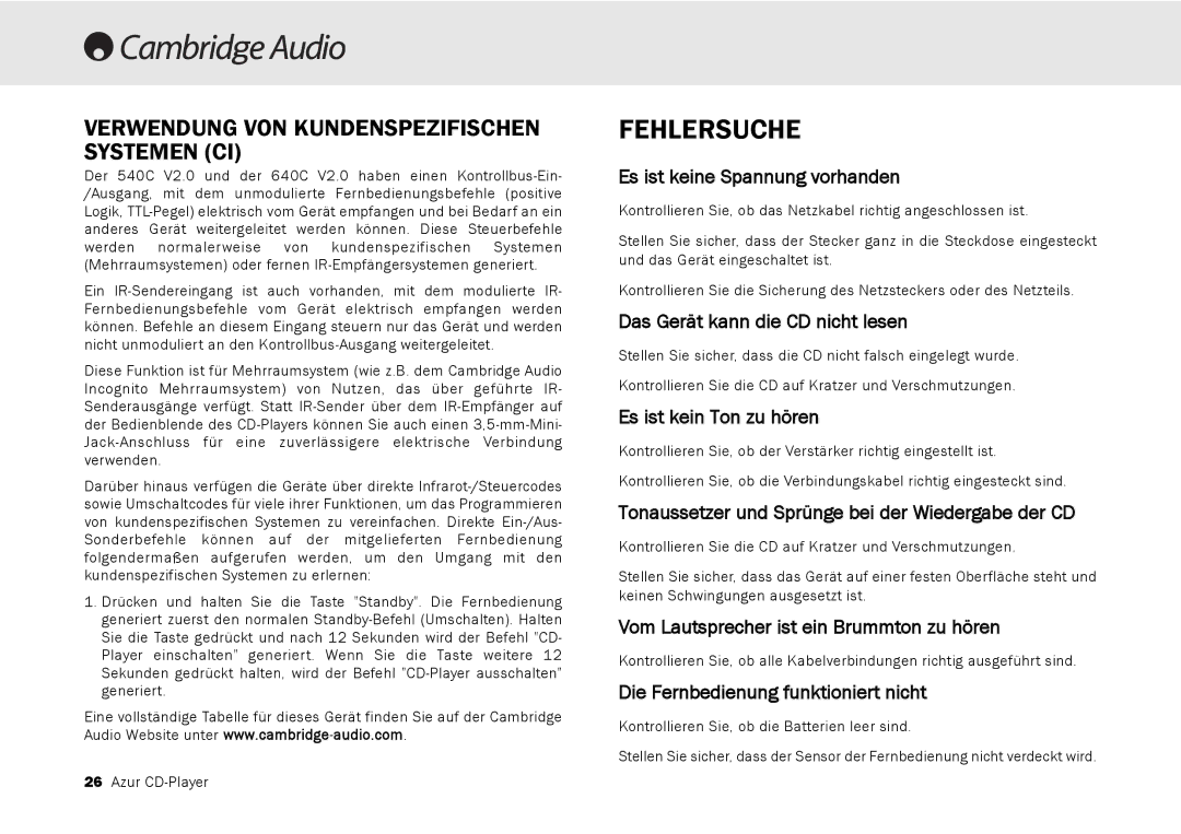 Cambridge Audio 540C, 640C V2.0 user manual Fehlersuche 