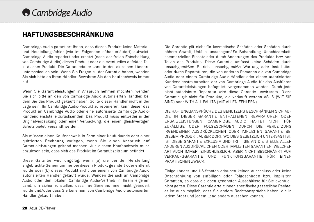 Cambridge Audio 540C, 640C V2.0 user manual Haftungsbeschränkung 