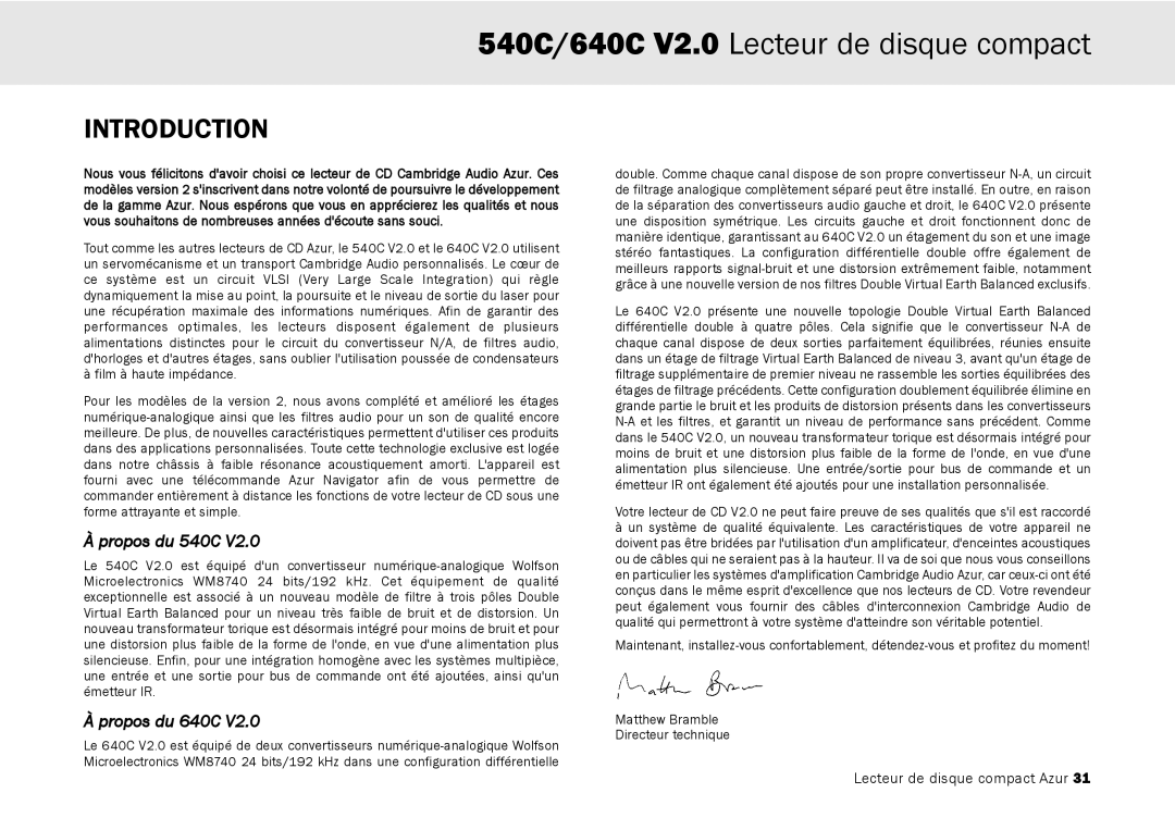 Cambridge Audio user manual 540C/640C V2.0 Lecteur de disque compact 