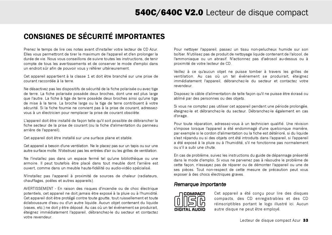 Cambridge Audio 640C V2.0, 540C user manual Consignes DE Sécurité Importantes, Remarque importante 