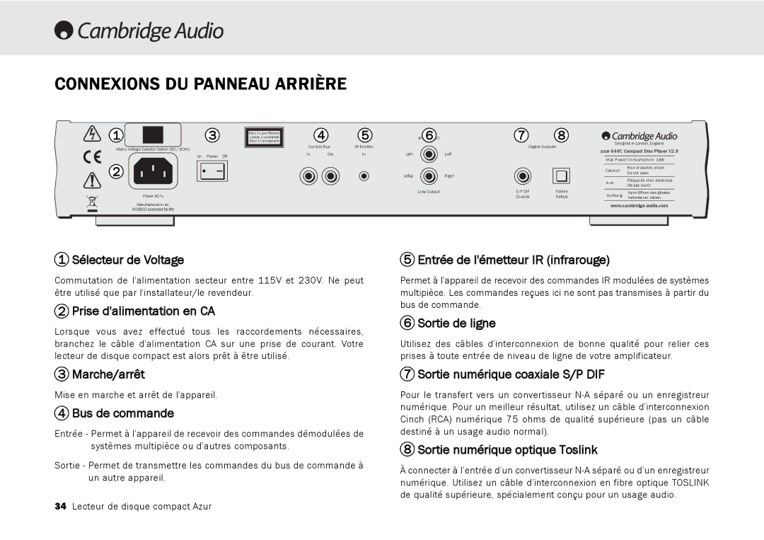 Cambridge Audio 540C, 640C V2.0 user manual Connexions DU Panneau Arrière 