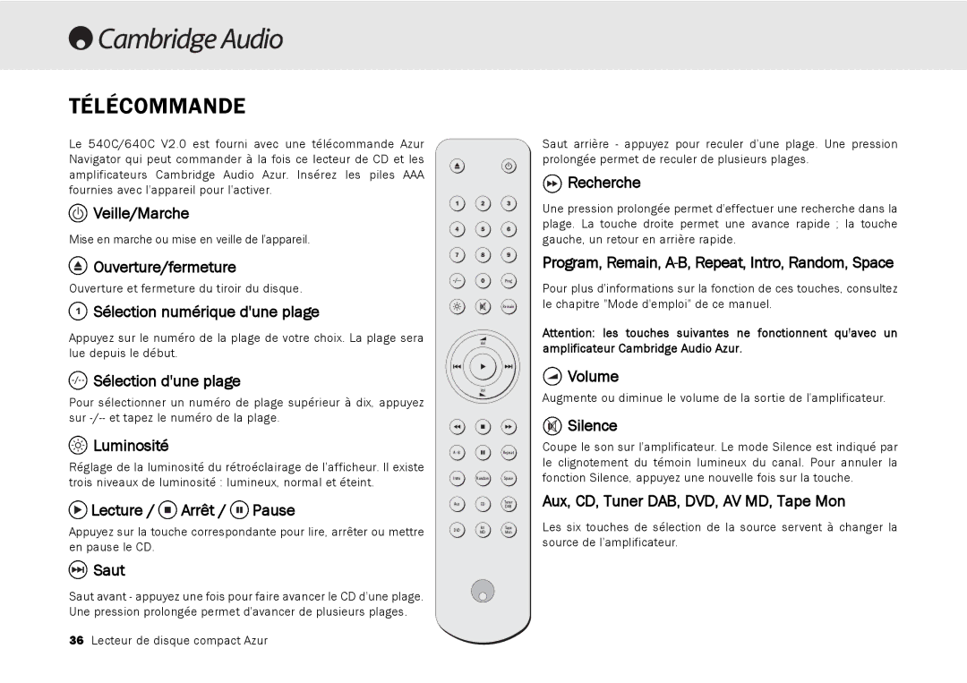 Cambridge Audio 540C, 640C V2.0 user manual Télécommande 