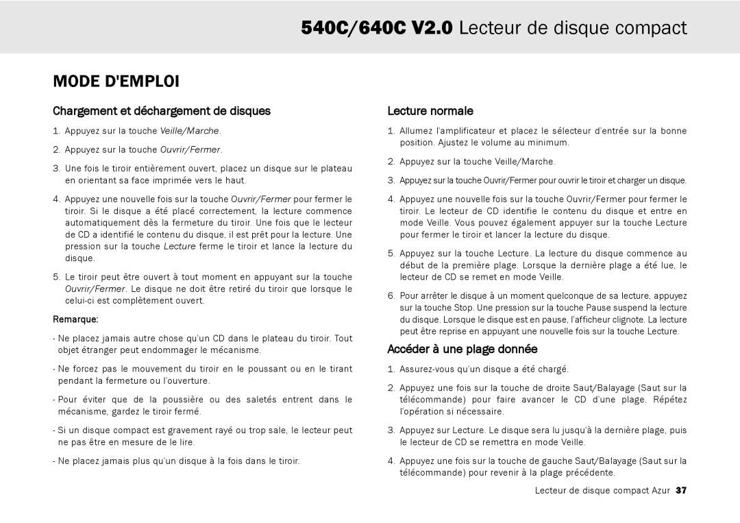 Cambridge Audio 640C V2.0 Mode Demploi, Chargement et déchargement de disques, Lecture normale, Accéder à une plage donnée 