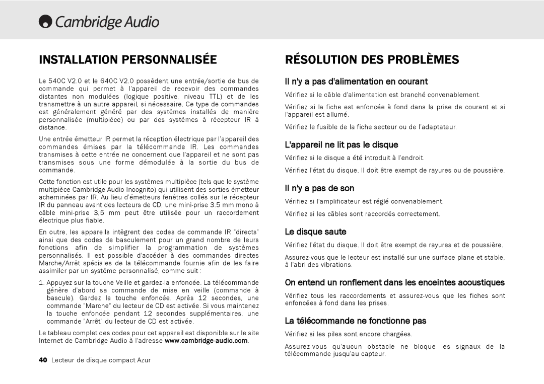 Cambridge Audio 540C, 640C V2.0 user manual Installation Personnalisée, Résolution DES Problèmes 