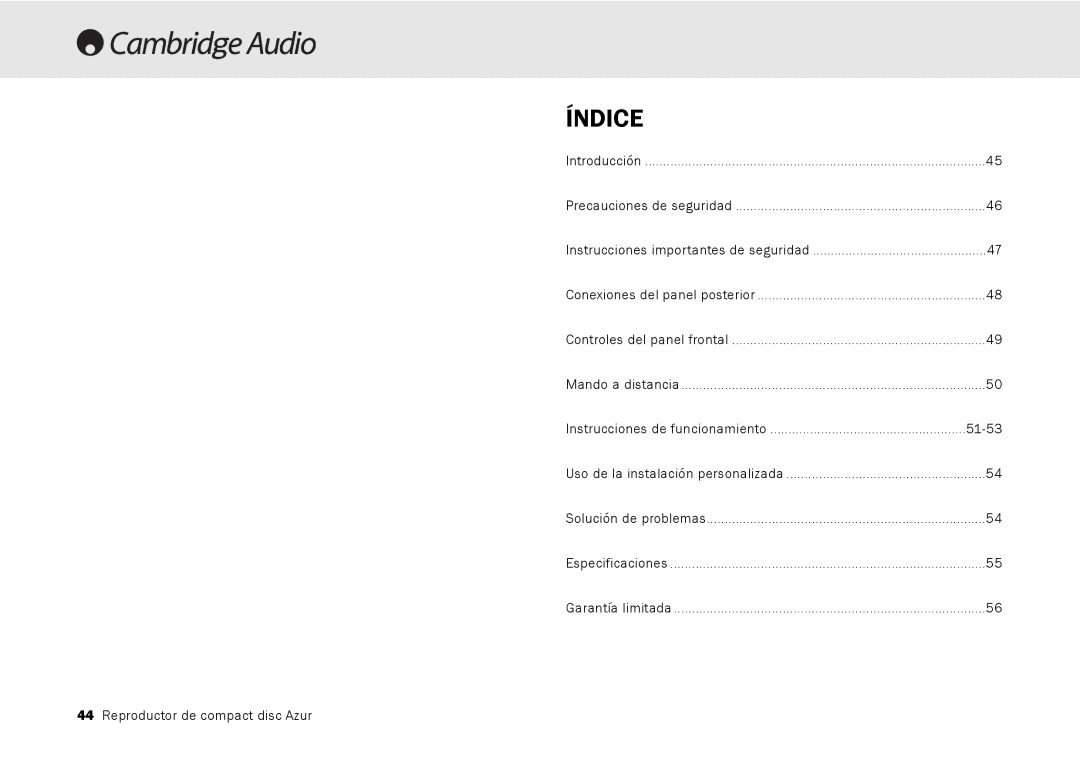 Cambridge Audio 540C, 640C V2.0 user manual Índice, 51-53 