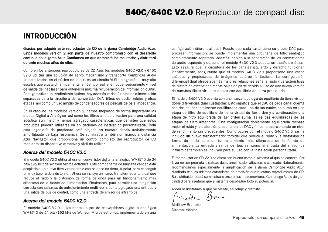 Cambridge Audio user manual 540C/640C V2.0 Reproductor de compact disc, Introducción 