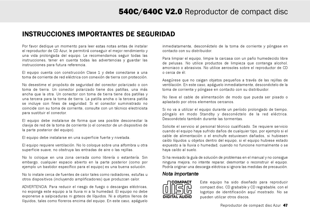 Cambridge Audio 640C V2.0, 540C user manual Instrucciones Importantes DE Seguridad, Nota importante 