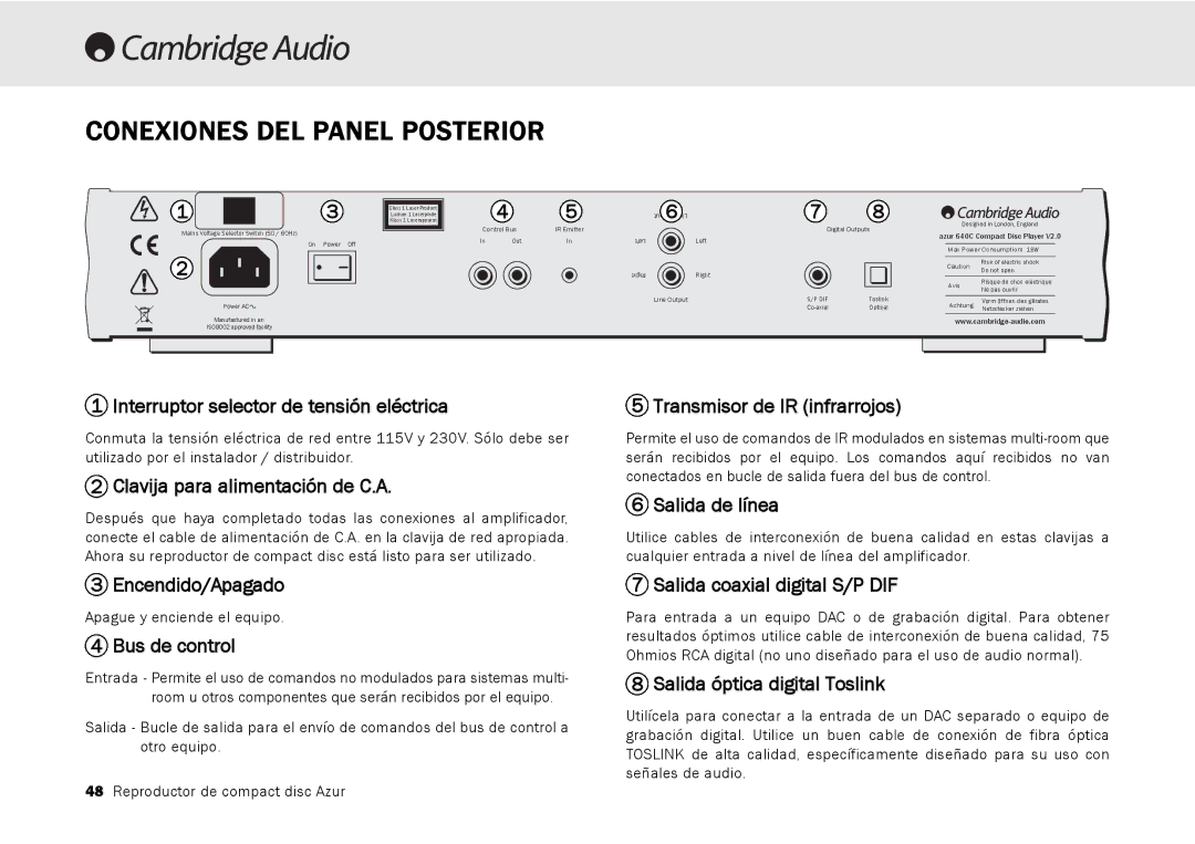 Cambridge Audio 540C, 640C V2.0 user manual Conexiones DEL Panel Posterior 