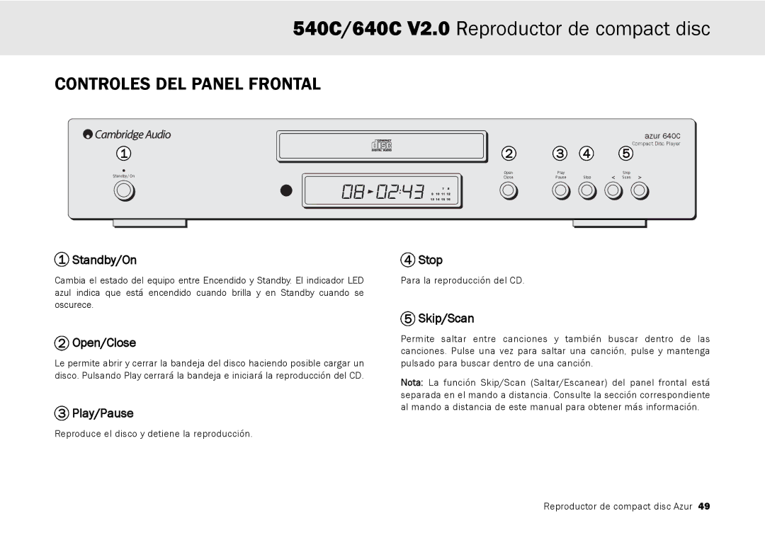 Cambridge Audio 640C V2.0, 540C user manual Controles DEL Panel Frontal, Play/Pause 