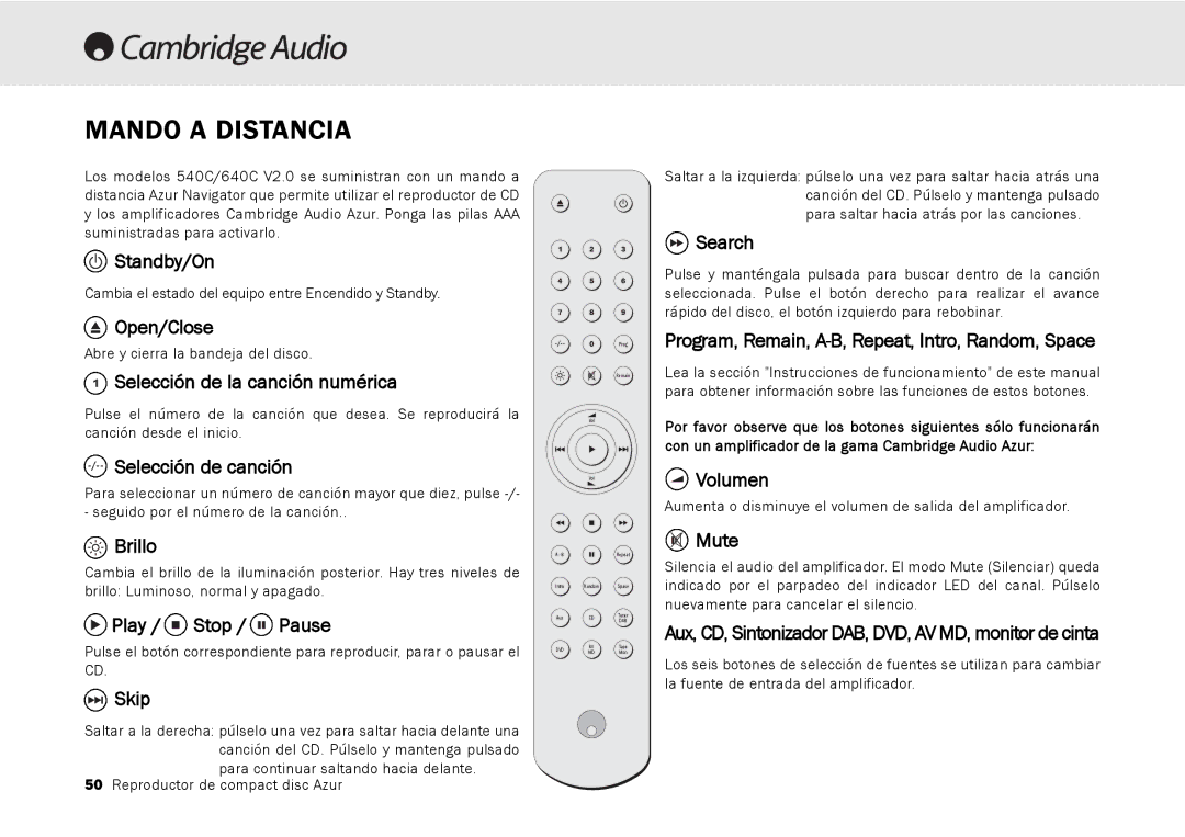 Cambridge Audio 540C, 640C V2.0 Mando a Distancia, Selección de la canción numérica, Selección de canción, Brillo, Volumen 