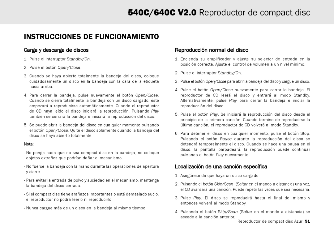 Cambridge Audio 640C V2.0, 540C Instrucciones DE Funcionamiento, Carga y descarga de discos, Reproducción normal del disco 