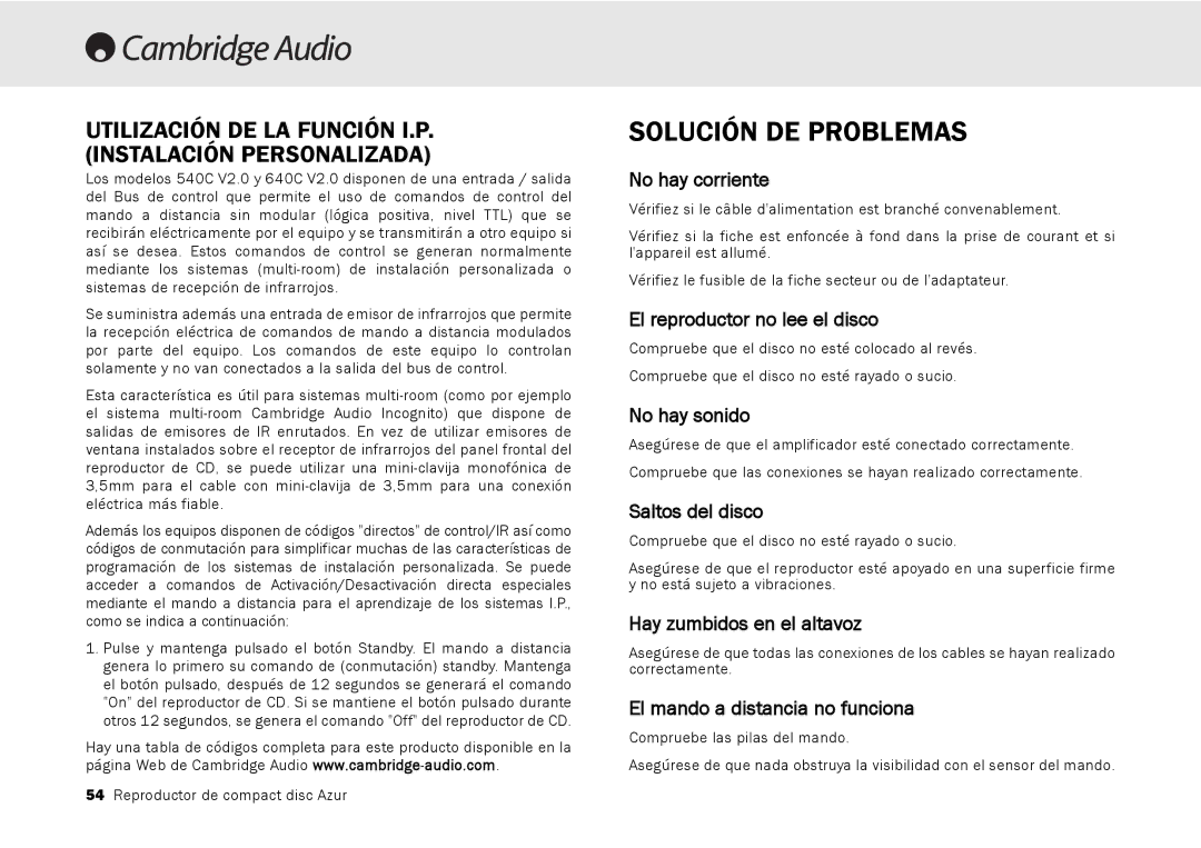 Cambridge Audio 540C, 640C V2.0 user manual Solución DE Problemas 